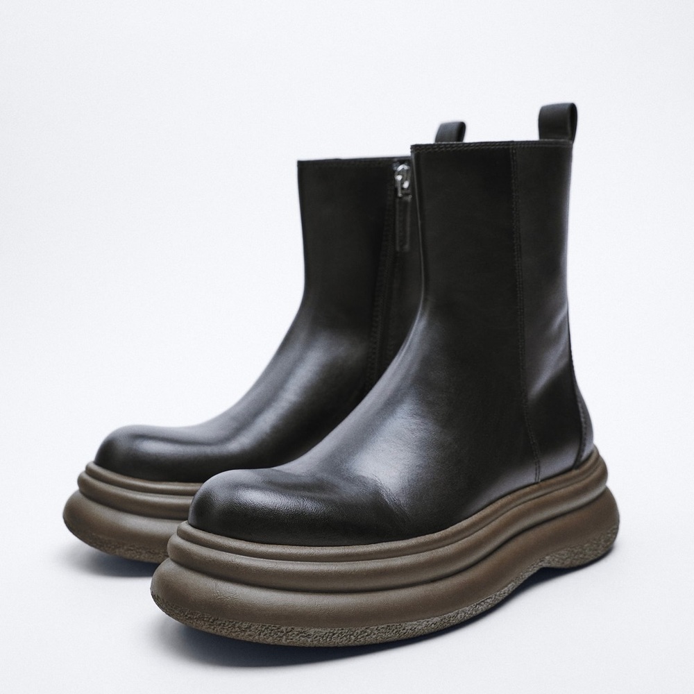 ZARA black & brown platform leather ankle boot NWOT